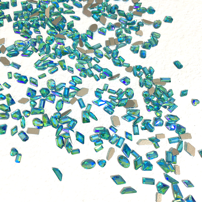 Popular Mini Lake Blue Colored Small Size 30-Piece Flat-Bottomed Irregular Nail Art Rhinestones Blue-Green Iridescent Mixed Dazzling Rhinestones