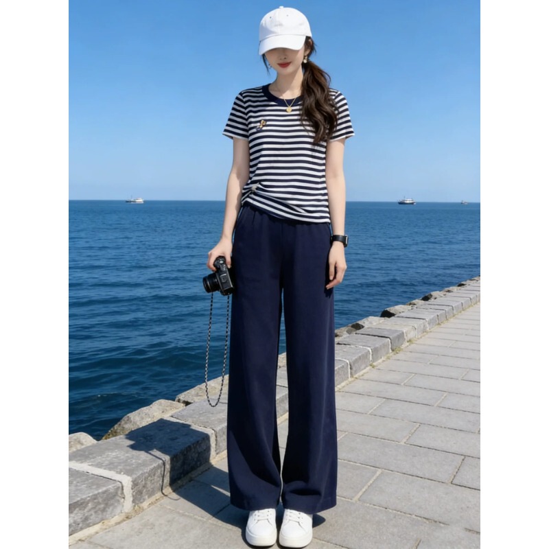 High-End Youthful Striped Short-Sleeve T-Shirt and Wide-Leg Pants Two-Piece Set for Women, 2026 Summer Fashion Short-Sleeve Sports Suit