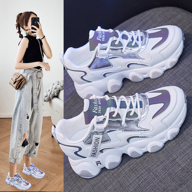 Korean fashion old shoes women's 2022 spring new mesh small white shoes women's all-match leather thick bottom sports shoes