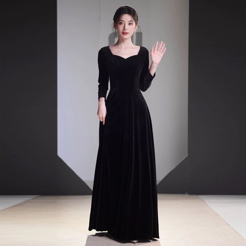 Black Evening Dress for Women, Banquet Style, High-End Texture, Student Art Exam, Piano Performance, Simple and Elegant Long Style