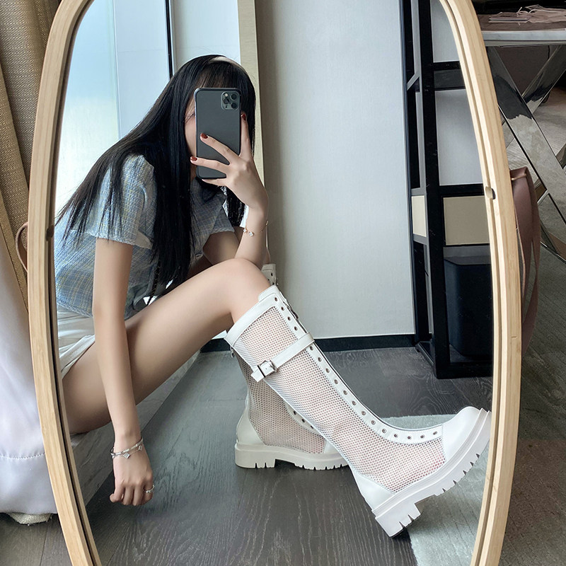 Net Yarn Retro Cool Boots Thick Bottom Mesh Boots Hollowed-out High Cylinder Riding Boots Long Cylinder Martin Boots Summer Thin lady Long boot