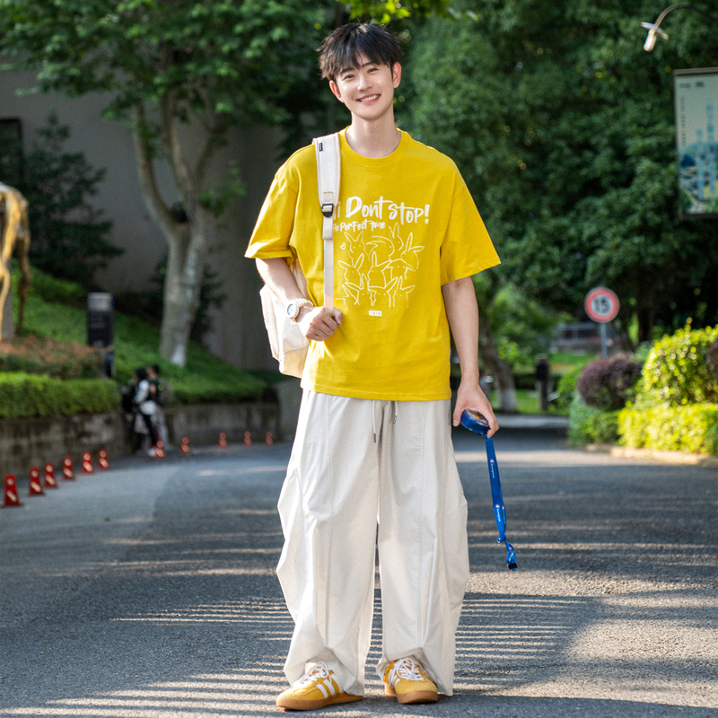 Pd Adult Mustard Yellow Short Sleeve T-Shirt for Men and Teenagers Dopamine Loose Drop Shoulder Sleeve Cartoon Illustration Print Top