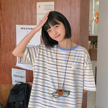 (Spot) Loyalty Dog Small Eight Pear Shaped Homemade S Towards Yangqu Color Striped Short Sleeve T-shirt Girl Cute Spring Summer