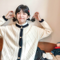 (Spot) loyal dog Small eight pear-shaped homemade-small preface splicing collar knitted twist cardigan lazy gentle female h