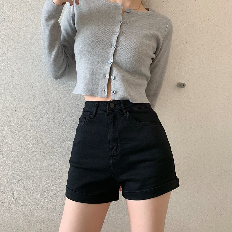 Black denim shorts women's summer thin Korean 2021 new high waist thin loose wild a word hot pants tide