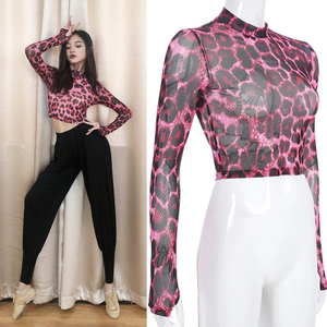 Latin dance tops ballroom dance top Top adult training suit red leopard micro transparent mesh long sleeve open finger dance short high collar shirt