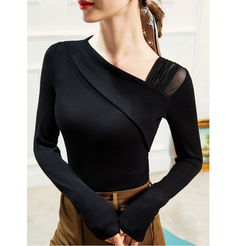 Latin dance tops ballroom dance top training suit long sleeve slant collar pleated sexy modern dance practice women top