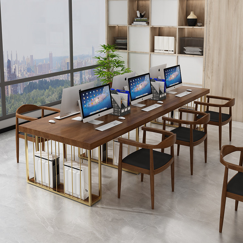 Simple solid wood desk small staff table studio long tablelog workshop desktop desktop computer table