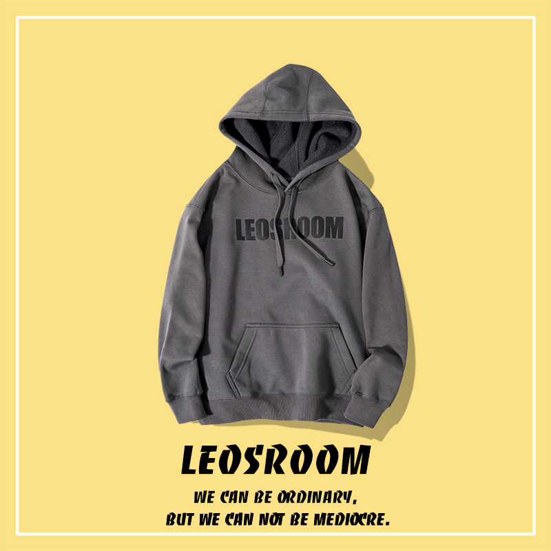 LEOSROOM fleece sweater men's thickened hooded autumn and winter trend youth hoodie loose tide brand warm hooded