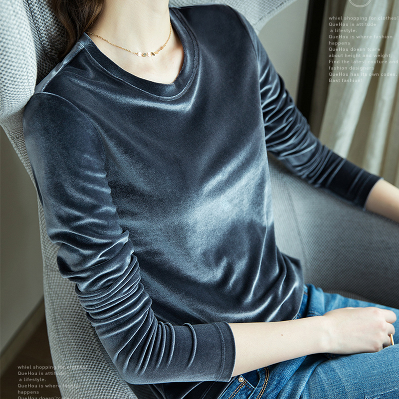 Velvet Round Neck Long-Sleeve T-Shirt for Women, European Style, Fashionable and Stylish V-Neck Outerwear, Inner Layering Shirt, Spring and Autumn Style