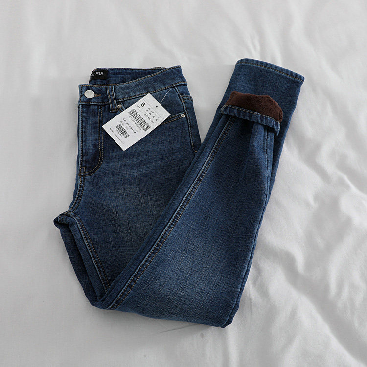 Skinny to no factory cut label foreign trade women's winter plus velvet padded jeans nine feet pencil pants