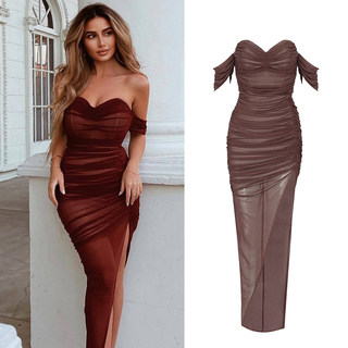2025 Spring and Summer European and American Sexy Chest-Wrapped Backless Mesh Pleated Elastic Long Skirt Bandage Dress Pure Color Dress