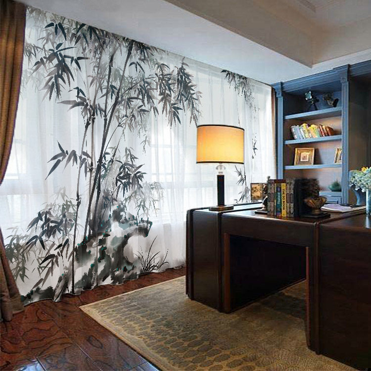 Pictorial book room Bedroom floor floating window curtain cloth art finished products Custom Chinese light lavish semi overdraft decorative veil Bamboo