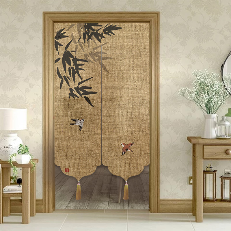 Door Curtain Fabric Bamboo Curtain New Chinese Style Ancient Zen Style Partition Decorative Curtain Tassel Commercial Screen Hollow Waterproof