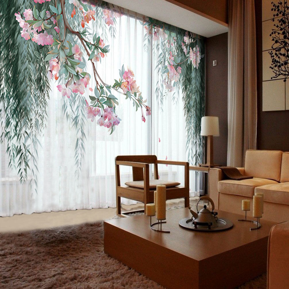 Chinese style Chinese style pastoral flowers modern minimalist bedroom balcony custom semi-shading gauze curtain semi-transparent light luxury