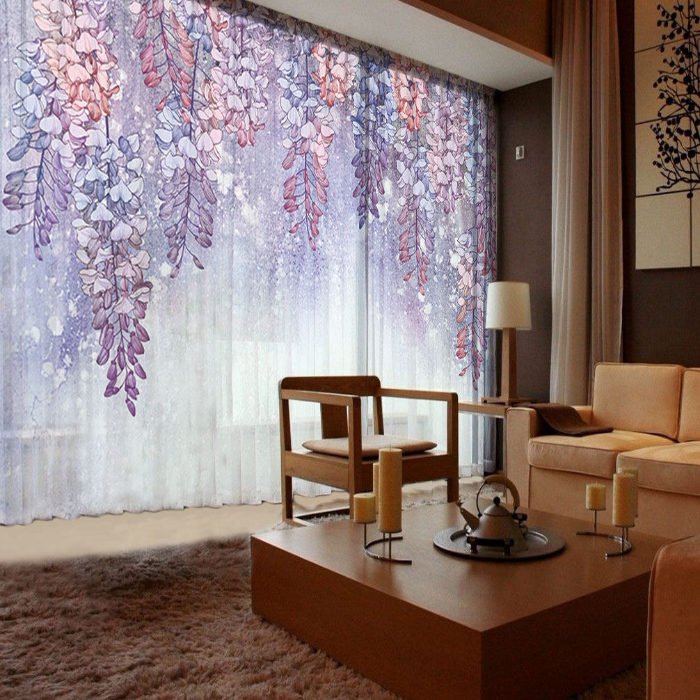 Pictorial custom New Chinese light lavish garden Curtains Bedroom Living Room Living-room Living-room Decoration Balcony Yarn Curtain half light transmission Purple