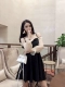 2018 mùa thu mới retro sexy từ cổ áo strapless nấm xù lưới gạc dài tay màu đầm váy xoè dài