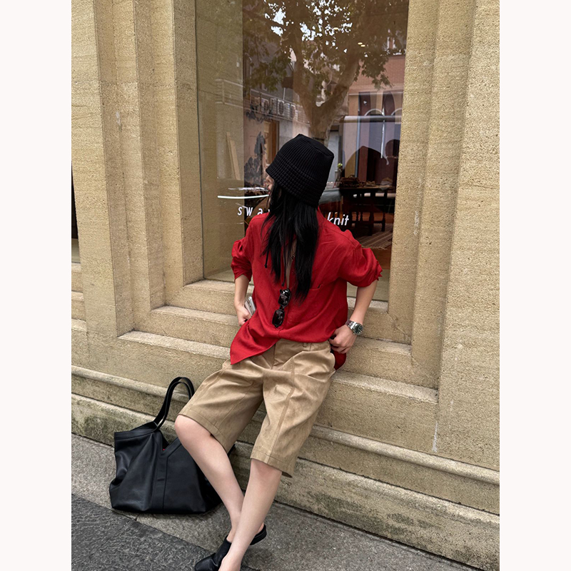 Oopslulu Casual Style Red Linen Long-Sleeved Shirt for Women 2026 Autum New Slimming Look Lazy Style Top