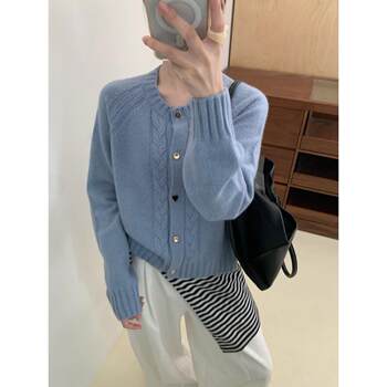 Little Raccoon 7932 Korean-Style Round-Neck Cable Knit Sweater for Women, Korean-Style Autumn and Winter Thickened Soft Twist Wool Knit Cardigan