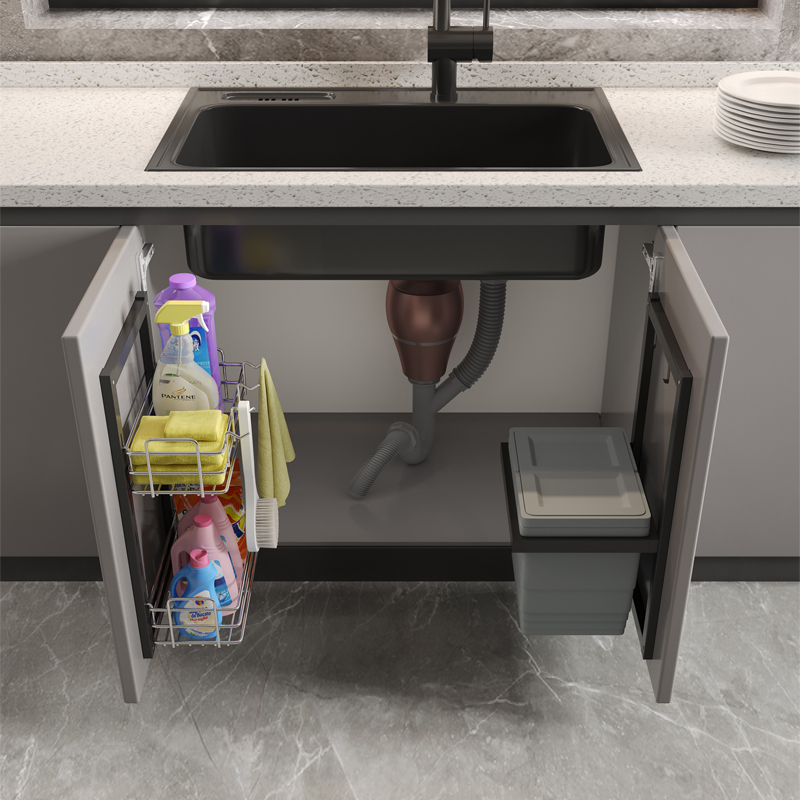 Kadesbao Kitchen Cabinet with Lid, Stainless Steel Storage Rack under the Sink, Basket Hook Classification, Hidden Trash Can