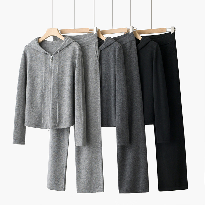 Inner Mongolia 100% Pure Cashmere Suit for Women, Hooded Sports Casual Knitted Cardigan, Slimming Wide-Leg Pants