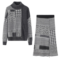 Inner Mongolia High Collar Cashmere Womens Gig Suit Fashion Half Body Dress Warm Splicing Sweater Two Sets Loose