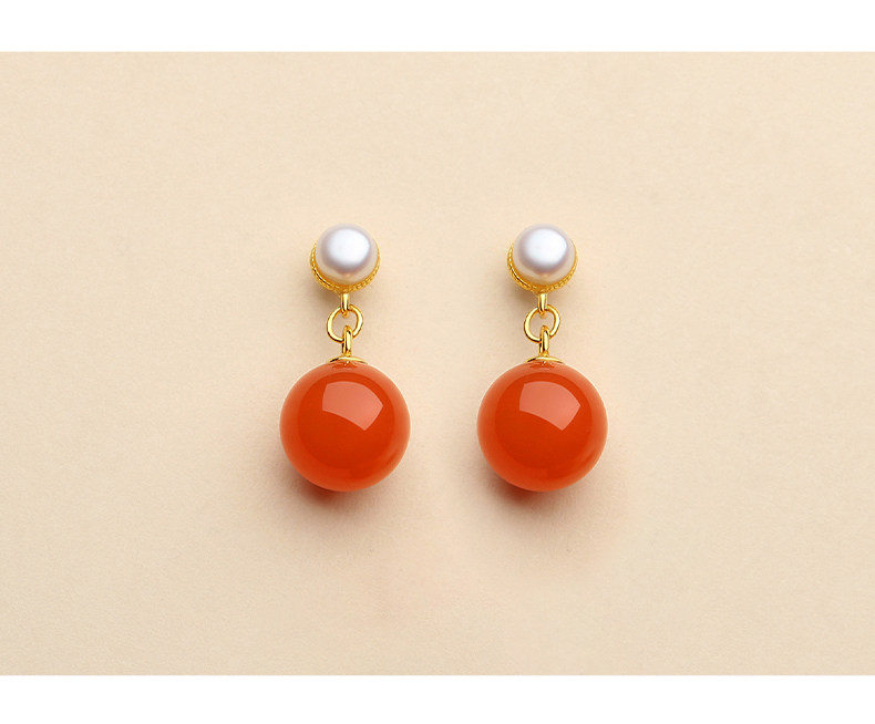 Серьги 保山南红柿子红耳坠女款淡水珍珠满色双珠耳环2026新款本命年耳饰 In lady