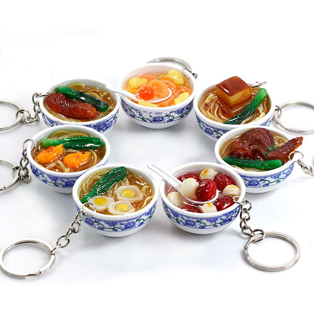 Simulated Food Keychain, Blue and White Porcelain, Simulated Ramen, Porridge, Rice Dumplings, Simulated Meal, Novelty and Unique Pendant Keychain