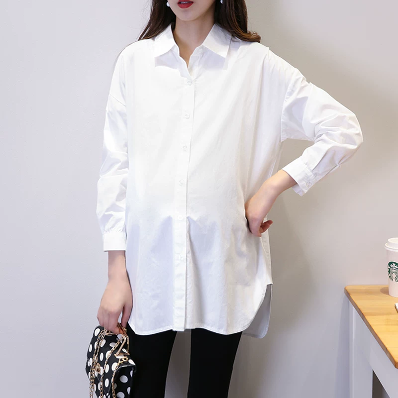 Весенняя базовая демисезонная рубашка для беременных, oversize, плюс размер, высокий ворот