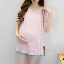 Full cotton short sleeve pregnant woman T-shirt casual loose big code blouse Summer thin Pregnancy Woman Bottling Momo Short shirt t