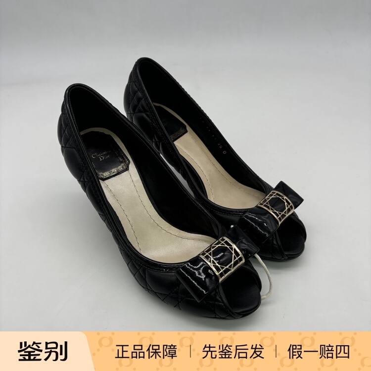 Hangzhou Milan Fang Famous Brand Consignment Store Dior Classic Black Sheepskin Quilted Peep-Toe High Heels