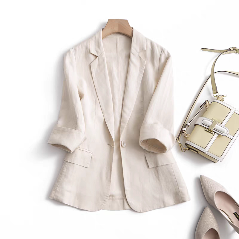 Italian Linen Blazer, New Summer Style, Slim Fit, Thin Jacket for Women, Three-Quarter Sleeves, Elegant Retro Style, Slimming Effect
