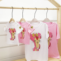 20 summer Foreign trade parent-child mother and daughter male clothing conjoined ha clothing short sleeve family of three four pink leopard medium long T-shirt