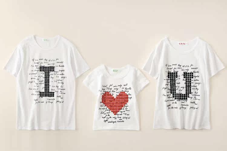 Foreign trade Large size white short sleeve letter Lattice Heart-shaped Puzzle Tide Fan Printed Parent-child Whole Family Lovers Big Size T-shirt