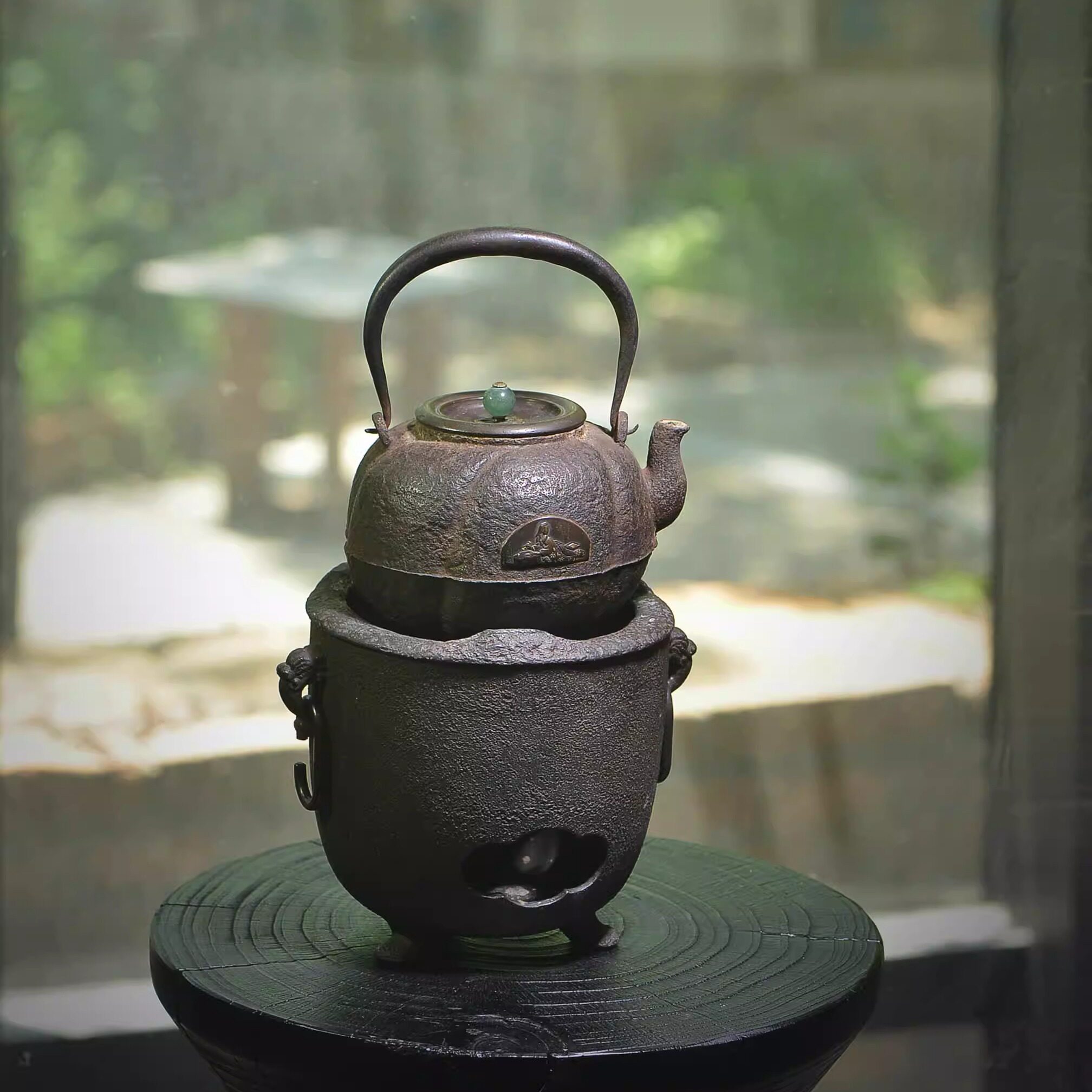 蔵出】☆金龍堂 名人造 透摘唐銅蓋 柚子肌 甑口 南瓜形 鉄瓶☆煎茶道具 