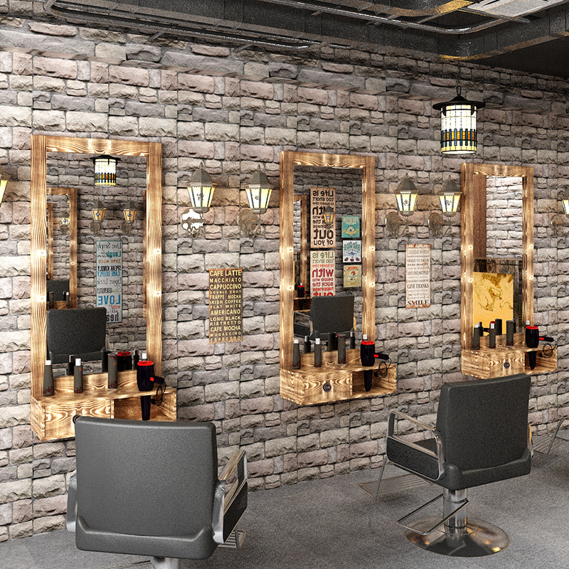 Barber shop mirror hair salon mirror table makeup single-sided mirror frame solid wood retro hair salon floor mirror fitting wall mirror