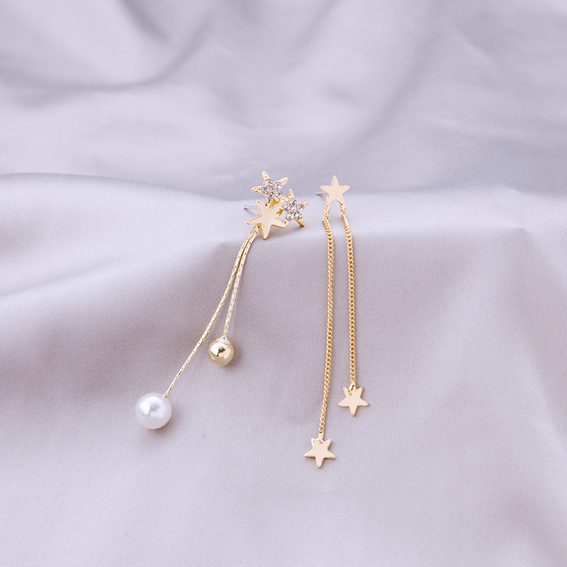 Real shot 925 silver needle new star AB long asymmetric Earrings tassel pearl earrings earrings