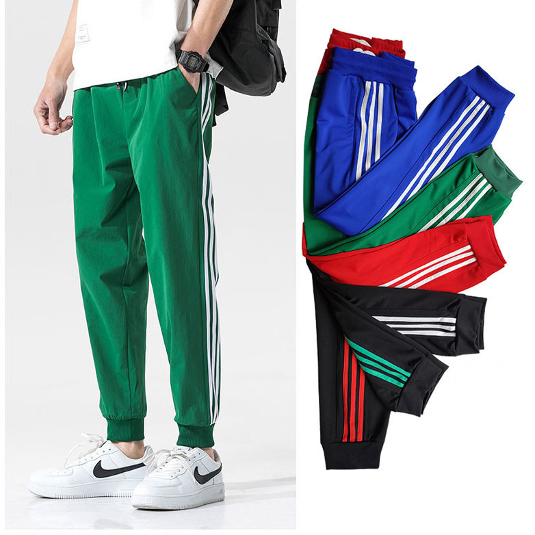 Men's Nine-Point Pants with Three Stripes, Green, Loose, Breathable, Spring and Summer, Stretchy, Trendy Harem Pants, Red Jogger Casual Pants