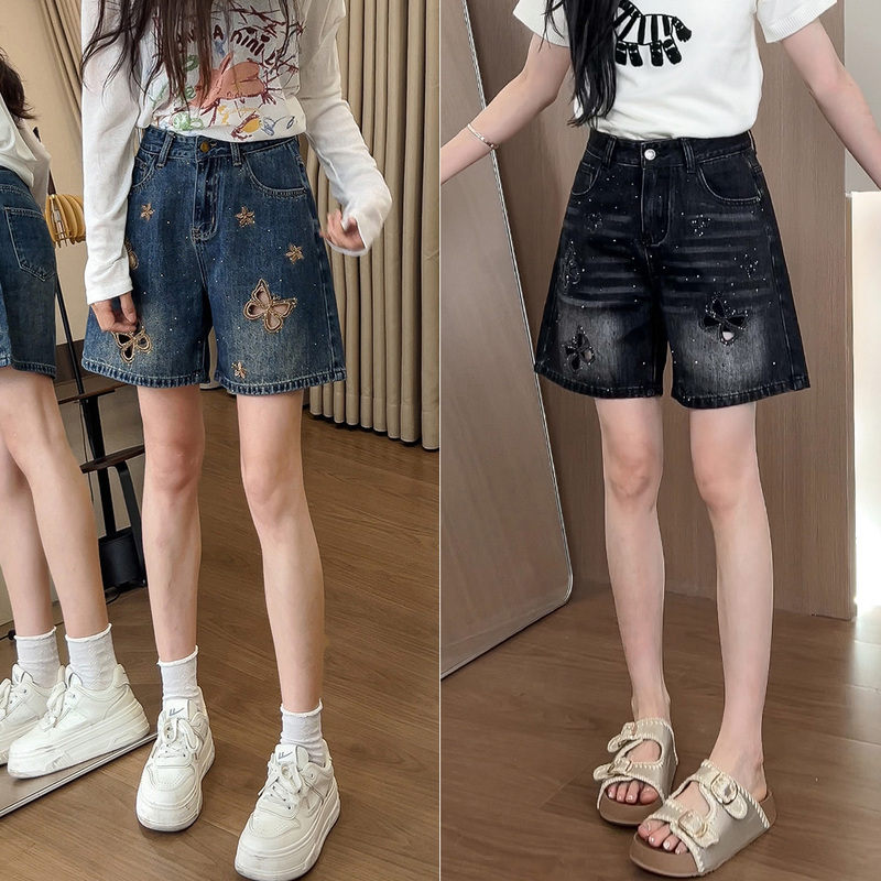 Summer Thin High-Waisted Hollow-Out Embroidered Sparkling Rhinestone Denim Shorts for Women, Loose Fit, Slimming Straight-Leg Mid-Length Shorts, Knee-Length Shorts