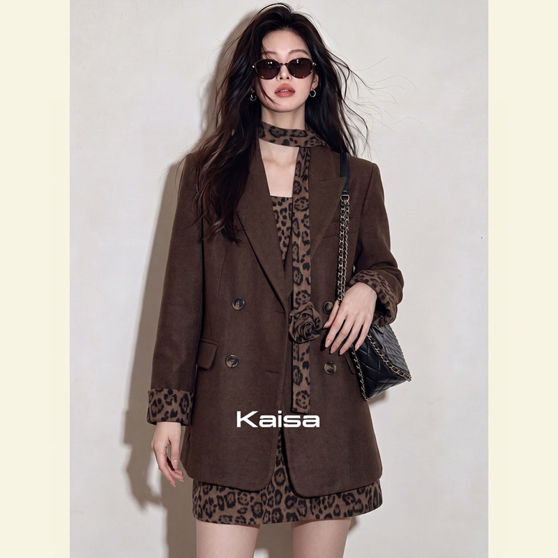 Long-Sleeved Casual Autumn Early Autumn Korean Chic Unique Old Money Style Light Mature Coffee-Colored Leopard Print Blazer Dress Set