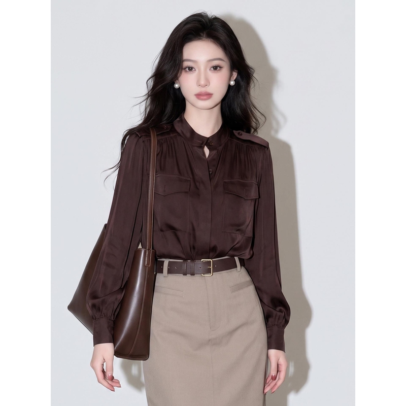 2026 New Style Old Money Style High-Class Chic Top, Melard Outfit Chocolate Brown Satin Shirt Women's Early Autumn 2026 New Style Old Money Style High-Class Chic Top, Melard Outfit Chocolate Brown Satin Shirt Women's Early Autumn
