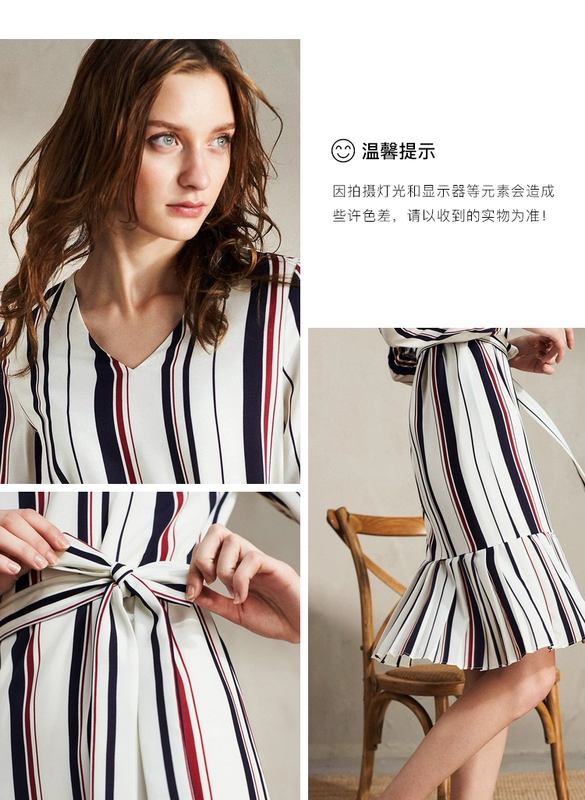 Qiu Shui Yiren mùa thu mới của phụ nữ cổ điển sọc v-cổ thẳng xù váy hem đầm váy đẹp