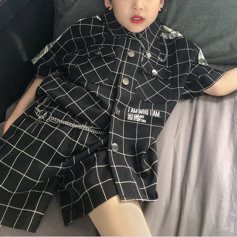 ins grid street dance children's fashion brand set net red boys' clothes foreign summer fashionable Korean version two-piece set