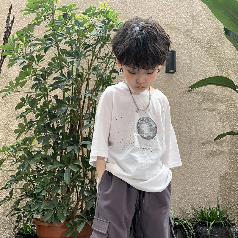 Li Wo Family Children's Planet Short Sleeve T-shirt 2021 Summer New Boys Korean Style Loose Fashion Children's Wear