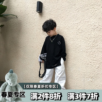 Pear vortex home boy black smiley face short sleeve T-shirt cotton childrens clothing spring 2021 Korean version of children half sleeve foreign atmosphere tide