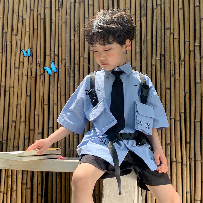 Removable two-wear pear vortex boy short sleeve shirt 2021 personality new Zhongda children's tide hip-hop shirt summer