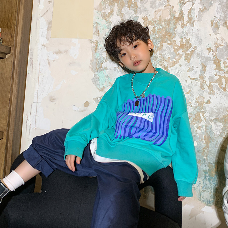 High Sweet Pear Vortex Original Lake Blue Children Round neckline thick cotton T male and female child Chun Qianpai baby new loose long sleeves