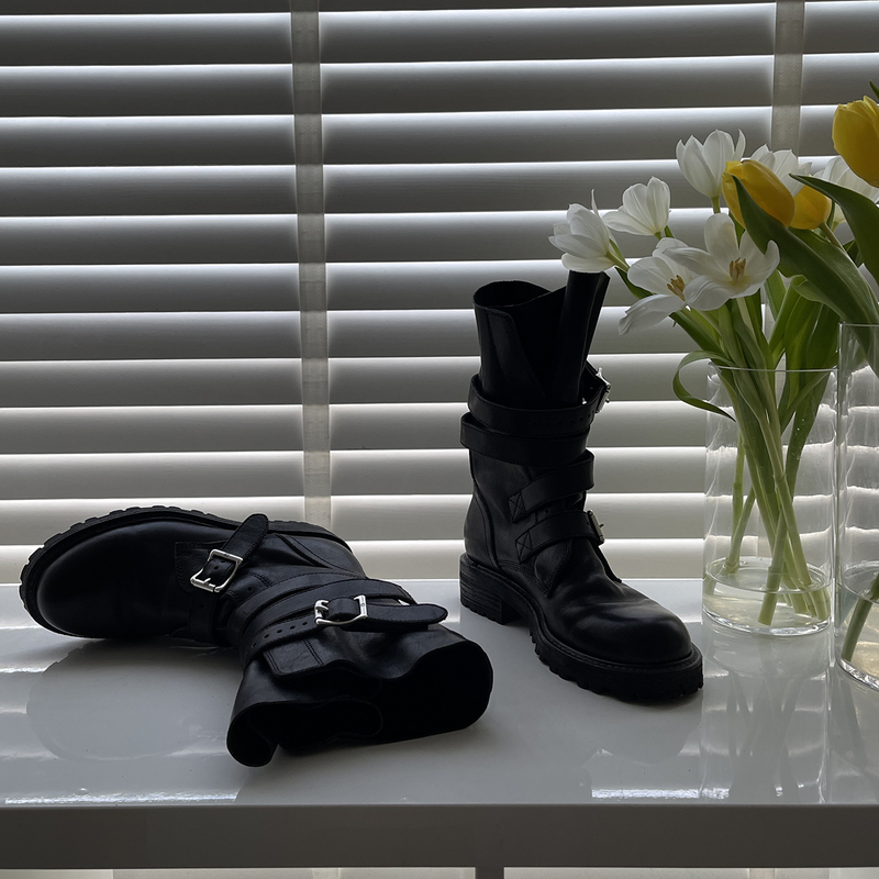 【Silver Buckle Series】Striped Boots Mid-Calf Boots Original Design Unmatched Style First Release by Chen Dan 【Silver Buckle Series】Striped Boots Mid-Calf Boots Original Design Unmatched Style First Release by Chen Dan