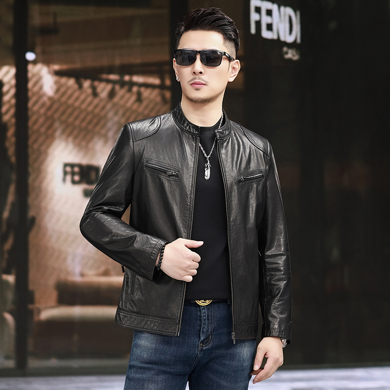 Haining Genuine Leather Jacket for Men, 2026 New Spring Short Style, Cowhide Stand Collar Slim Fit Biker Leather Jacket for Men