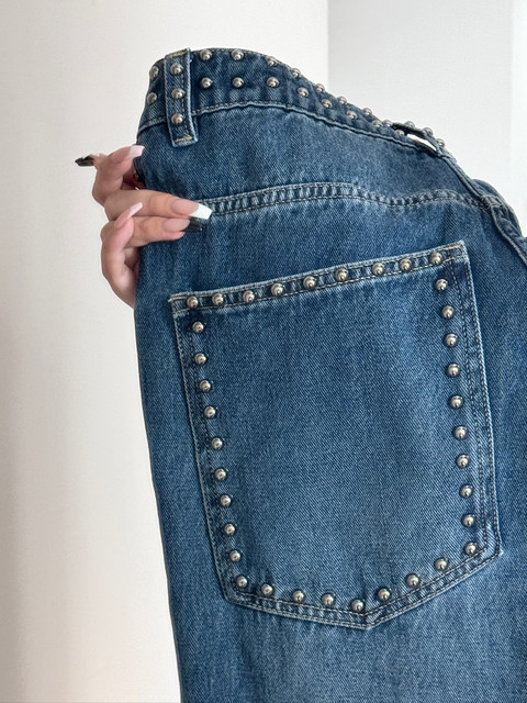Mungsera'Rivet Vibe' Private Label Heavy Beaded Denim Low-Waist Wide-Leg Straight Pants